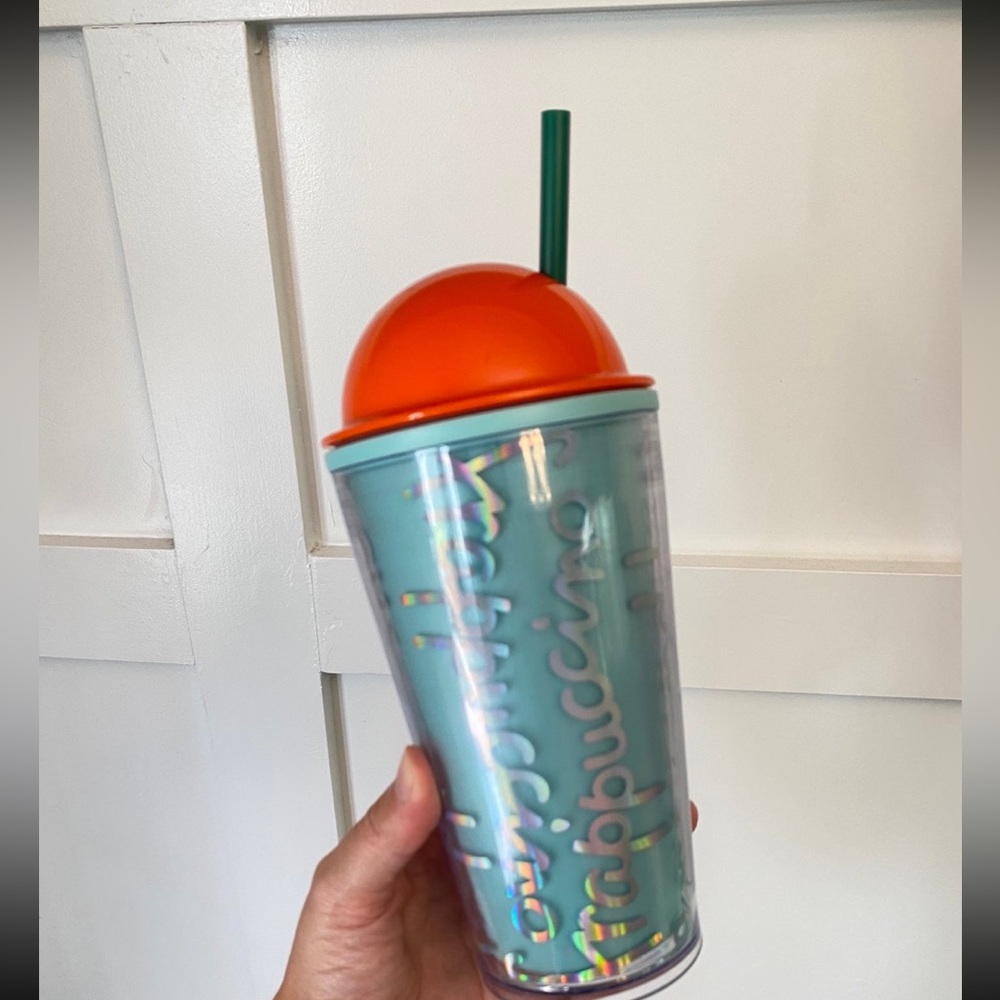 Starbucks Frappuccino Cup Tumbler Green , Orange Dome Lid 16oz.2014